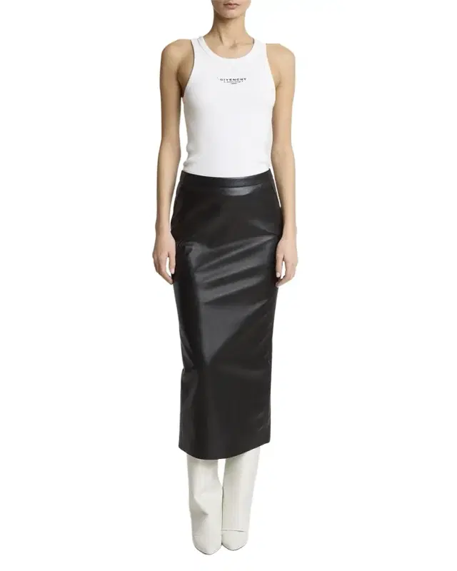 Leather Godet-Back Midi Pencil Skirt Leather Godet-Back Midi Pencil Skirt