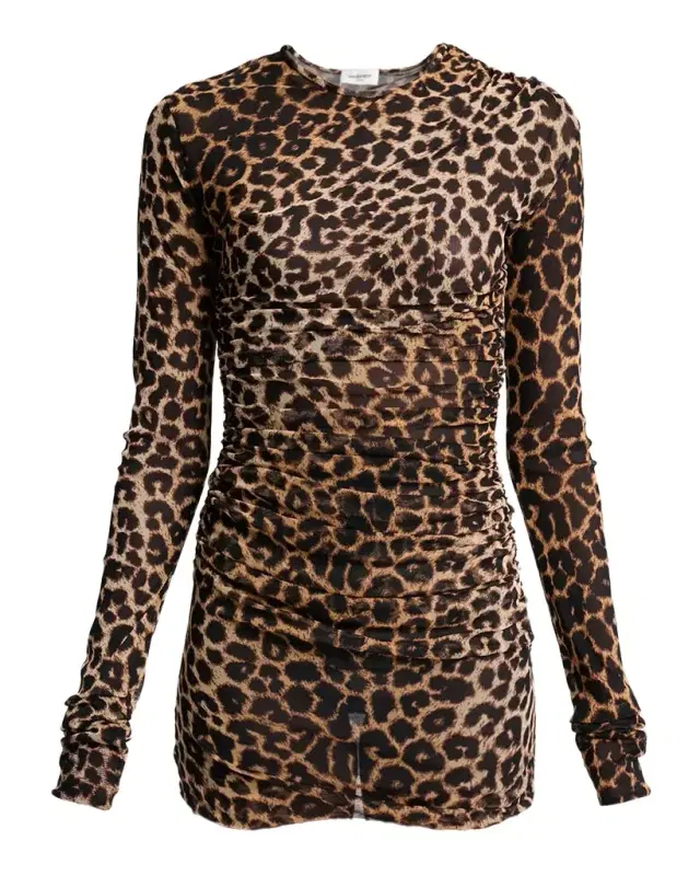 Leopard-Print Ruched Long-Sleeve Mini Dress Leopard-Print Ruched Long-Sleeve Mini Dress