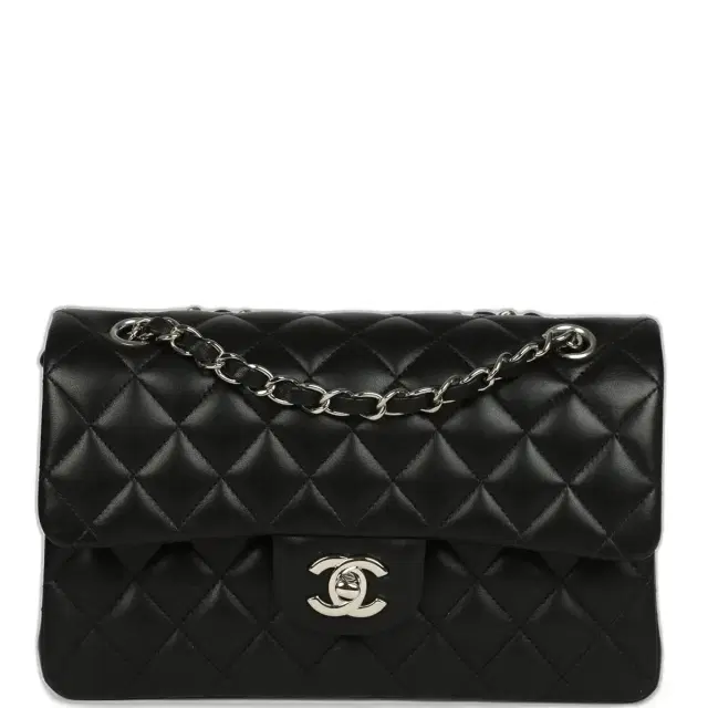 Pre-owned Chanel Small Classic Double Flap Bag Black Lambskin Silver Hardware Pre-owned Chanel Small Classic Double Flap Bag Black Lambskin Silver Hardware