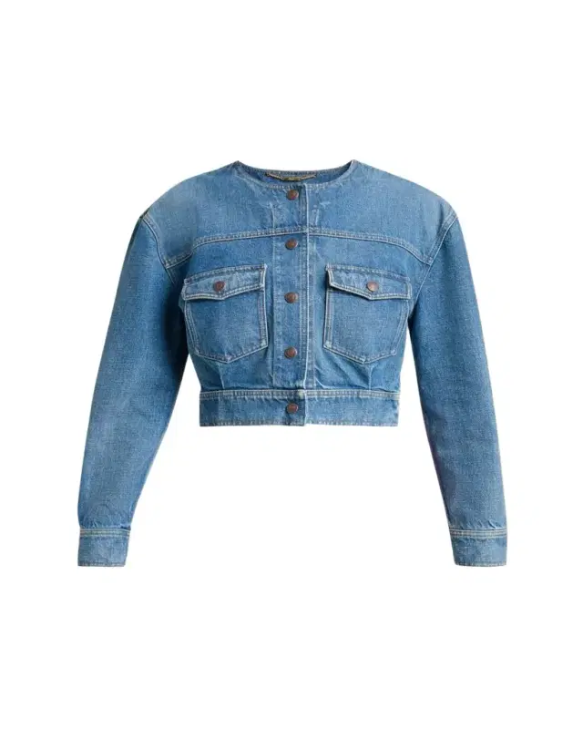 Collarless Denim Crop Jacket Collarless Denim Crop Jacket