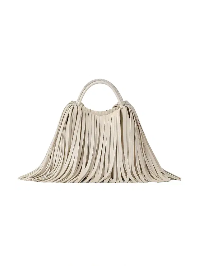 Women's Nano Facet Bucket Bag in Leather with Fringes - Cream Women's Nano Facet Bucket Bag in Leather with Fringes - Cream