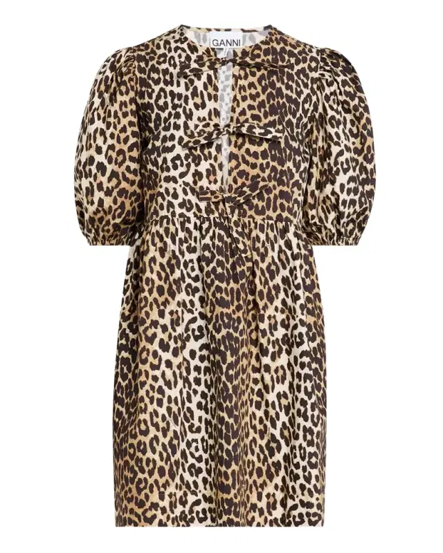Leopard Tie-Front Puff-Sleeve Mini Dress Leopard Tie-Front Puff-Sleeve Mini Dress