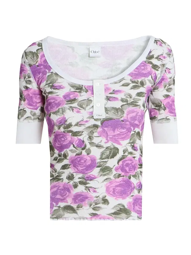 Women's Floral Stretch-Cotton Top - White Purple Women's Floral Stretch-Cotton Top - White Purple
