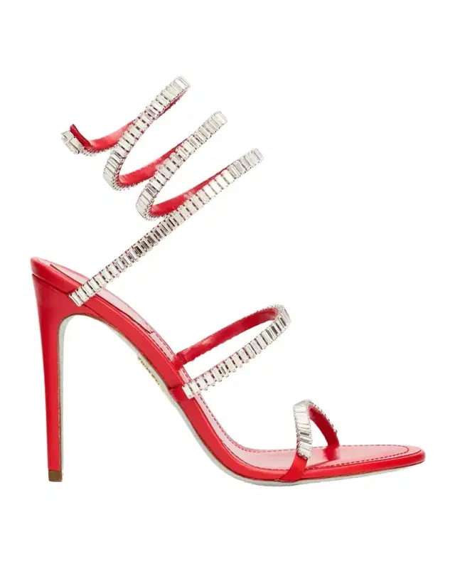 105mm Cleo Baguette Crystal Satin Snake-Wrap Sandals 105mm Cleo Baguette Crystal Satin Snake-Wrap Sandals