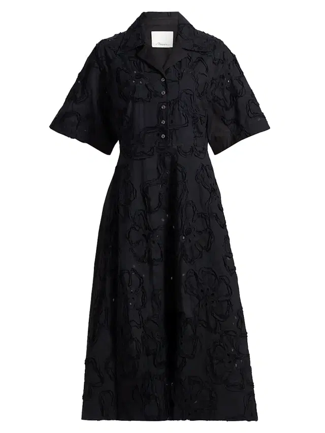 Women's 3D Floral Embroiered Cotton-Blend Midi-Shirtdress Women's 3D Floral Embroiered Cotton-Blend Midi-Shirtdress