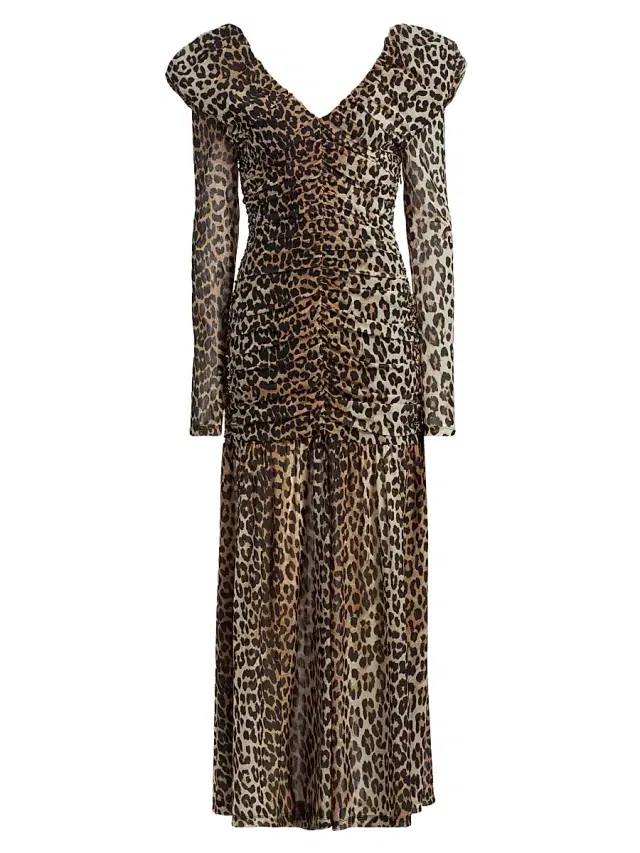 Women's Ruched Leopard Mesh Maxi Dress Women's Ruched Leopard Mesh Maxi Dress