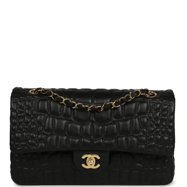 Chanel Medium Classic Croc Embossed Double Flap Bag Black Lambskin Gold Hardware Chanel Medium Classic Croc Embossed Double Flap Bag Black Lambskin Gold Hardware