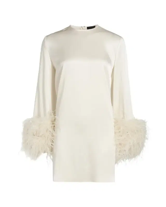 Feather-Embellished Long-Sleeve Satin Mini Shift Dress Feather-Embellished Long-Sleeve Satin Mini Shift Dress
