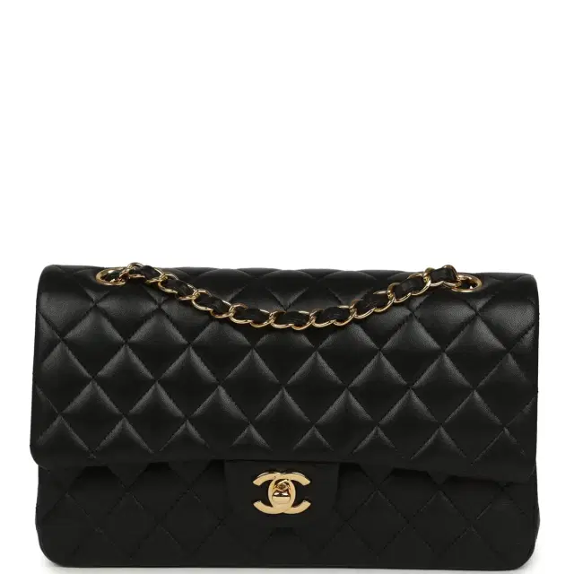 Pre-owned Chanel Medium Classic Double Flap Bag Black Lambskin Gold Hardware Pre-owned Chanel Medium Classic Double Flap Bag Black Lambskin Gold Hardware