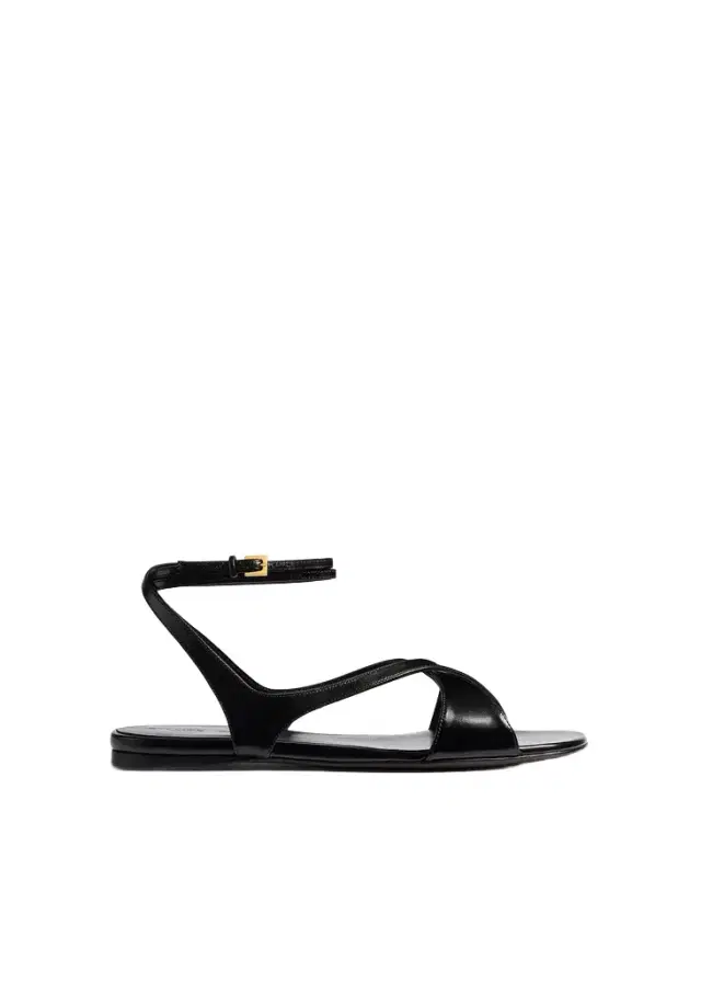 Liria Ankle Strap Flat Sandal In Black Glazed Leather Liria Ankle Strap Flat Sandal In Black Glazed Leather