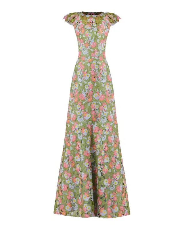 Raven Cap-Sleeve Floral Lace Gown Raven Cap-Sleeve Floral Lace Gown