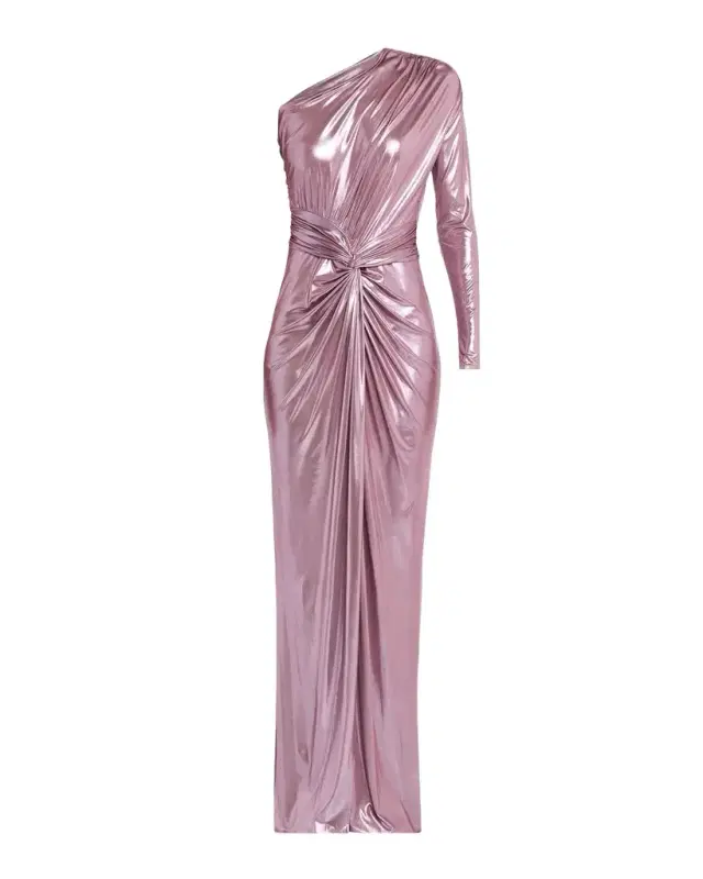 One-Shoulder Twisted Metallic Coated Jersey Maxi Dress One-Shoulder Twisted Metallic Coated Jersey Maxi Dress